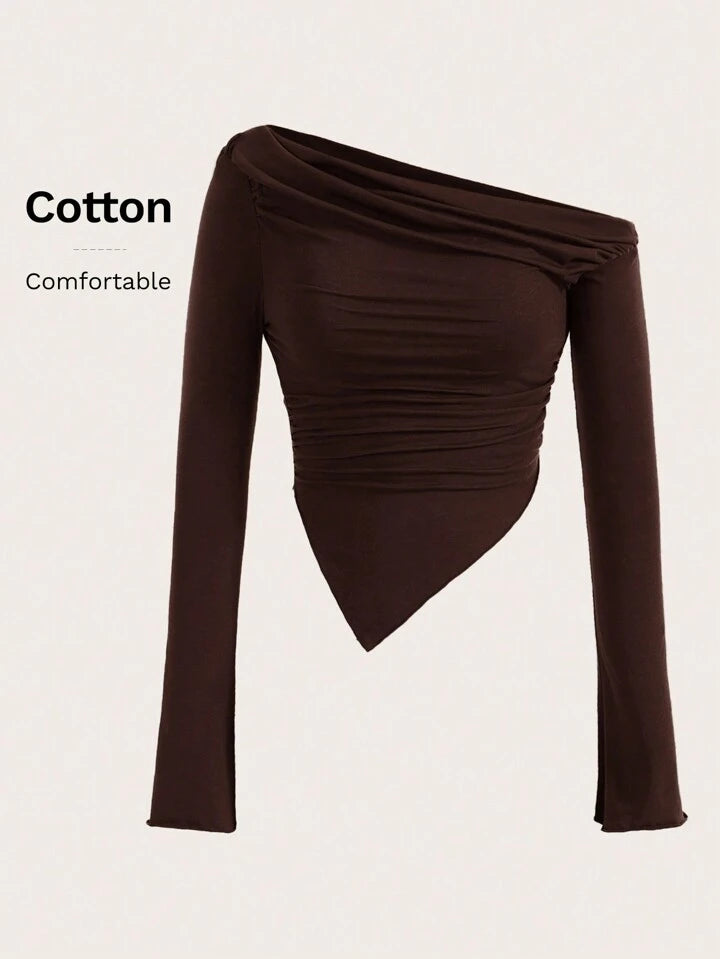 Women's Solid Brown Asymmetrical Ruched Asymmetrical Neck Hem jersey Long Sleeve Top