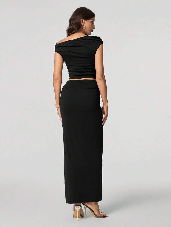 Women Oblique Shoulder Short Sleeve Top And Skirt Set