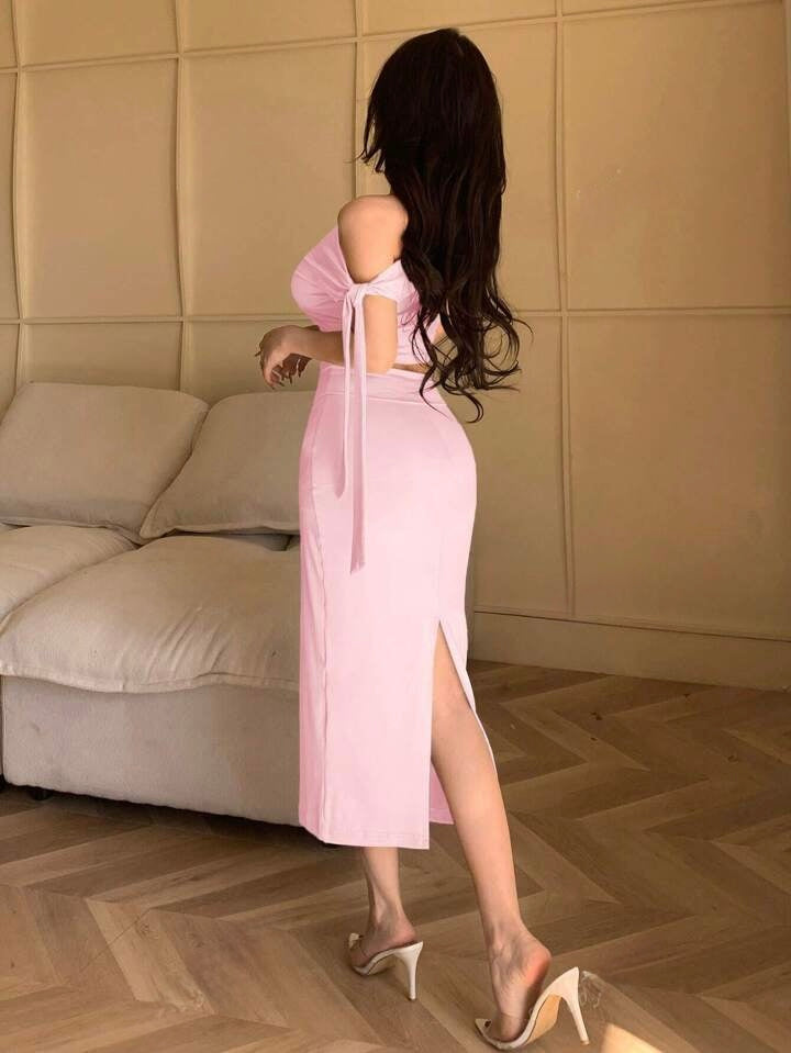 Asymmetric Neck Oblique Shoulder Tied Strap Simple Top & Slim Fit Skirt Two Pieces Set