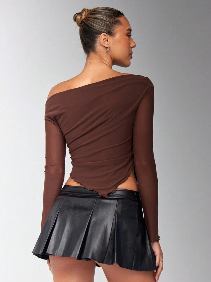Women's Solid Brown Asymmetrical Ruched Asymmetrical Neck Hem jersey Long Sleeve Top