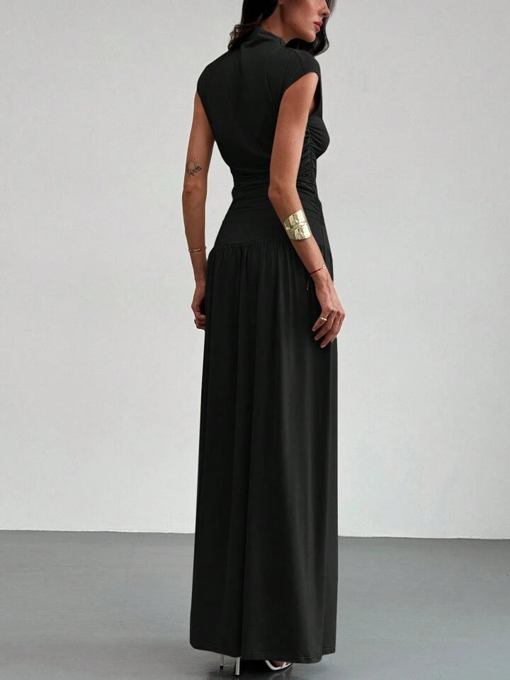 2PCS/SET STAND COLLAR RUCHED BLOUSE AND HIGH WAIST SKIRT SET