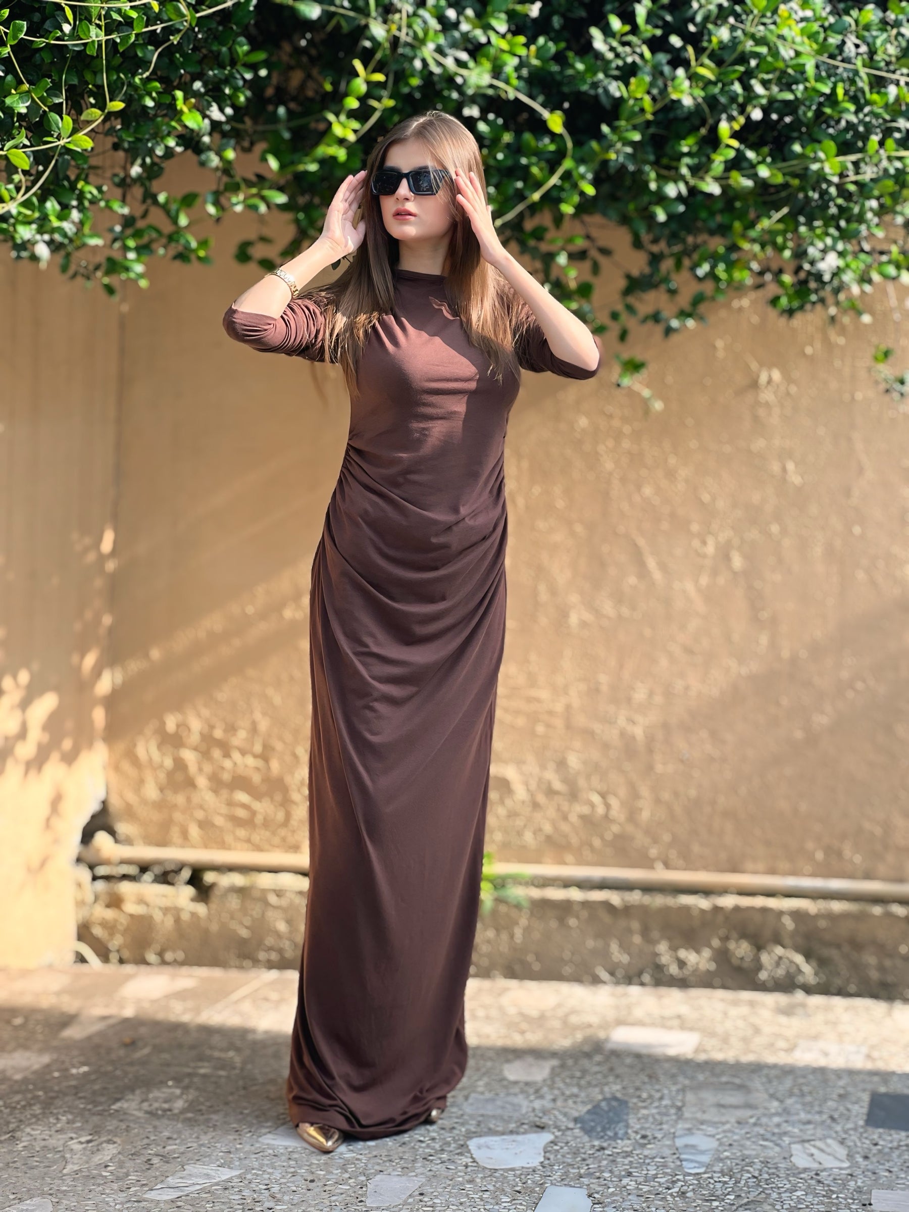 Women Assymetric Ruched long Sleeves A line tigh dress