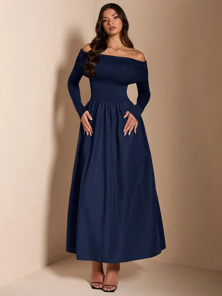 Solid Color Elegant Minimalist Sexy Shoulder Ruched Fitted Midi Dress