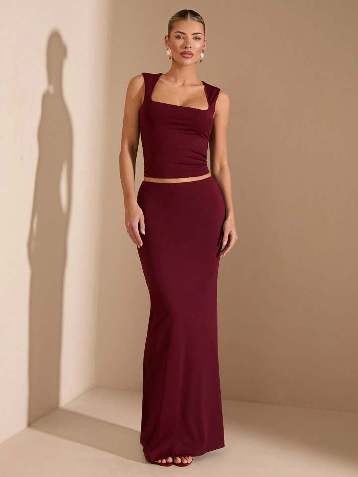 Summer Seaside Solid Burgundy Square Neck Stretch Top Suit Skirt Suit