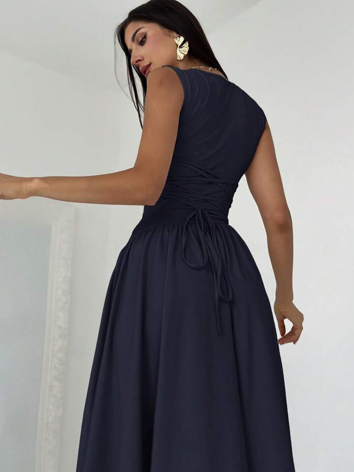Elegant Asymmetrical Patchwork Ruched Back Tie Waist Dress