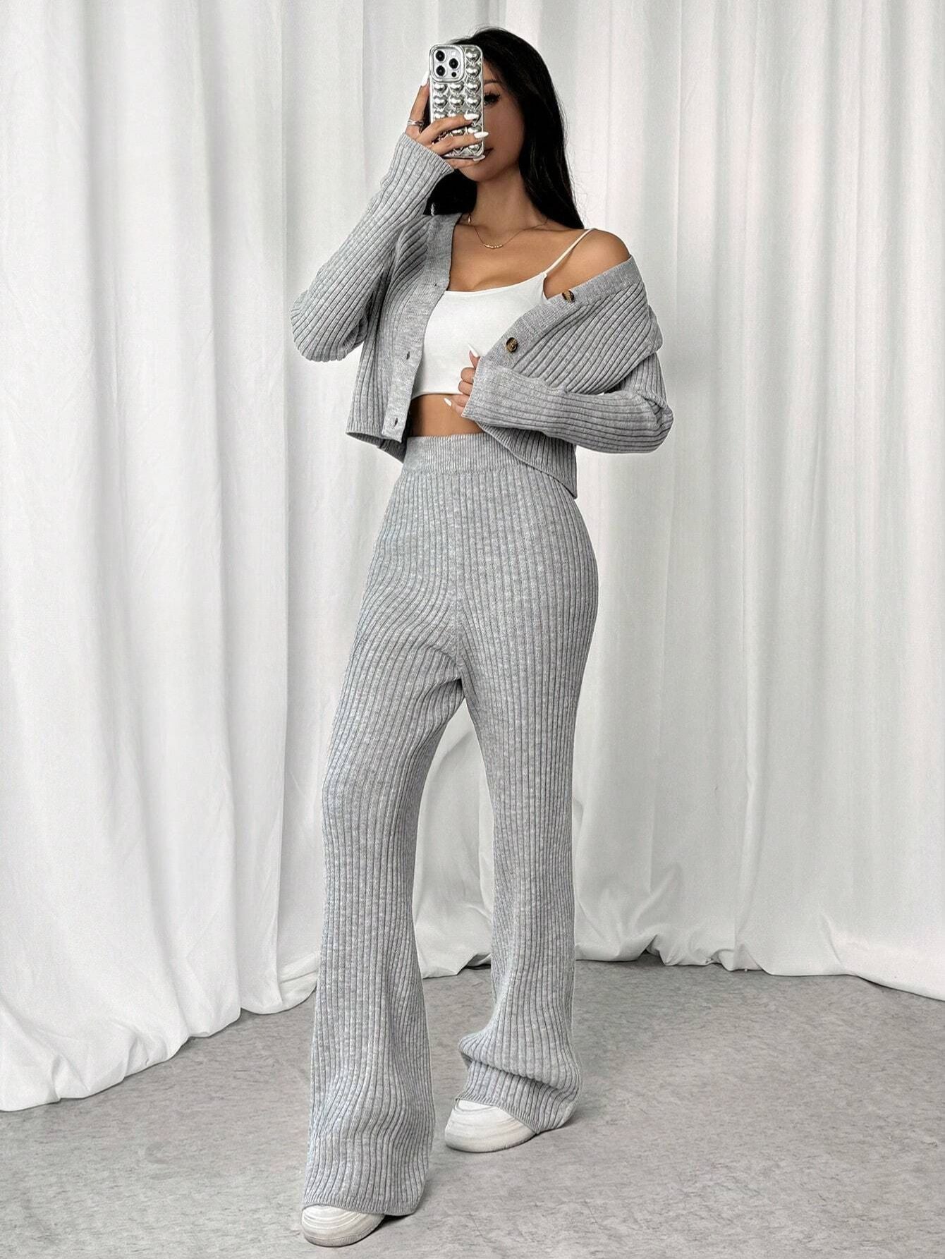 RIBBED KNIT CARDIGAN & KNITTED SOFT CO-ORD