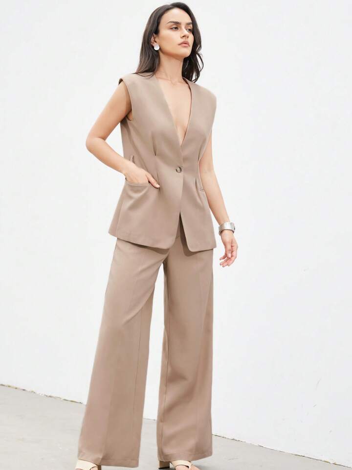 Minimalist office wear v-neck cinched waist west two piece set