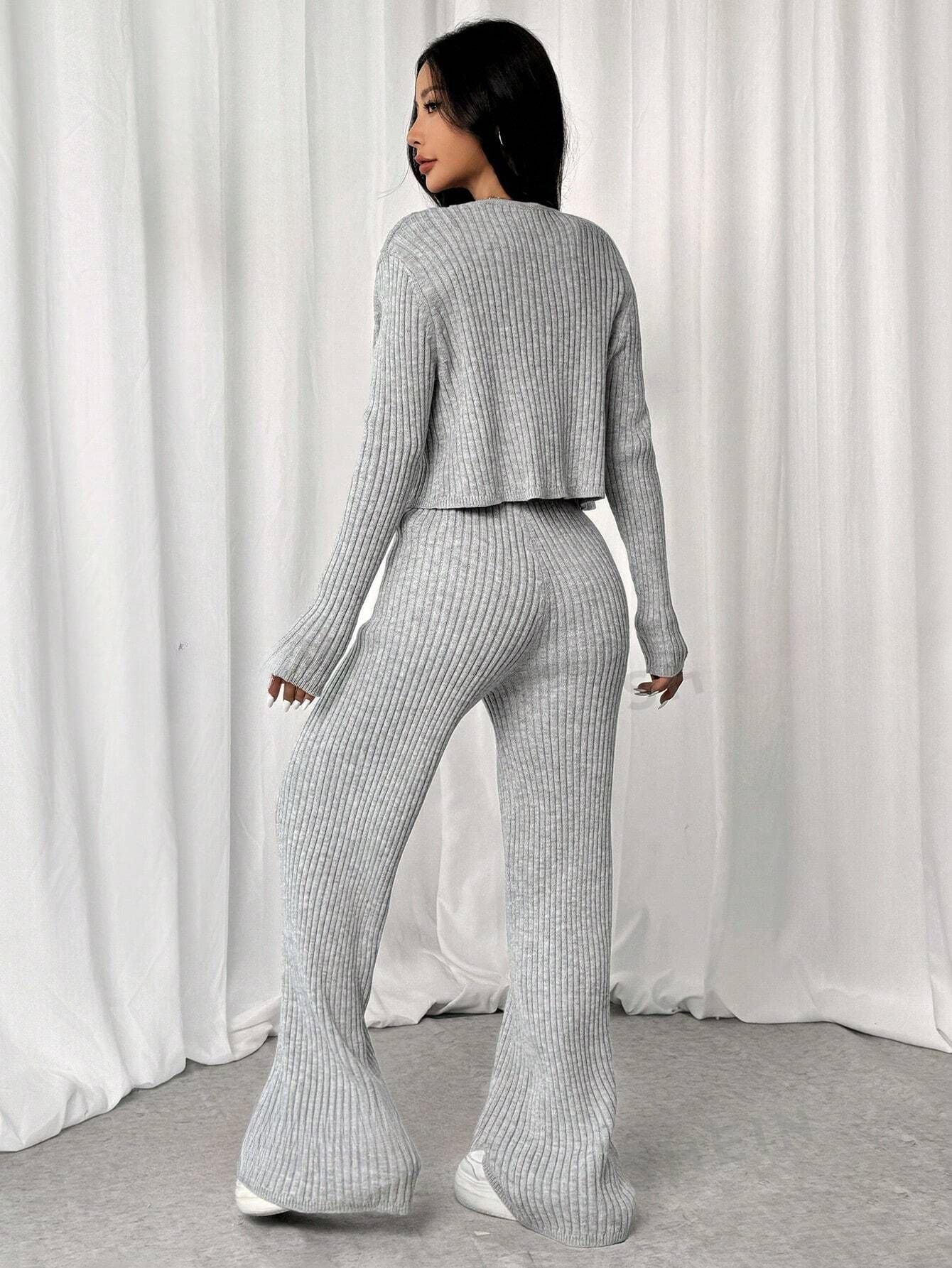 RIBBED KNIT CARDIGAN & KNITTED SOFT CO-ORD