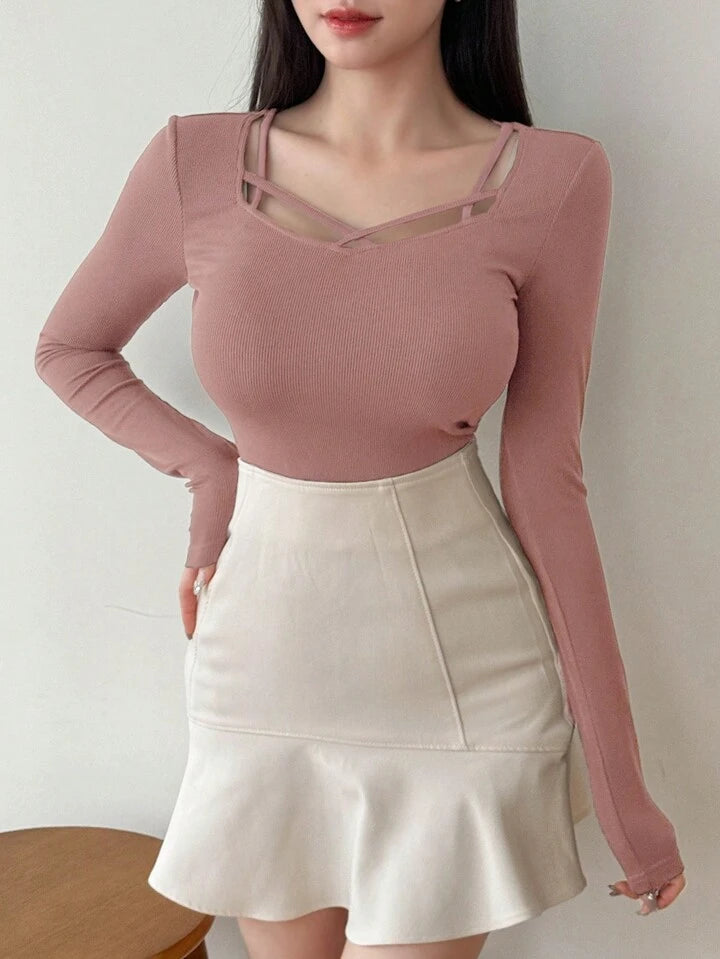Women's Solid Color Simple Daily Crossed Strap Long Sleeve T-Shirt