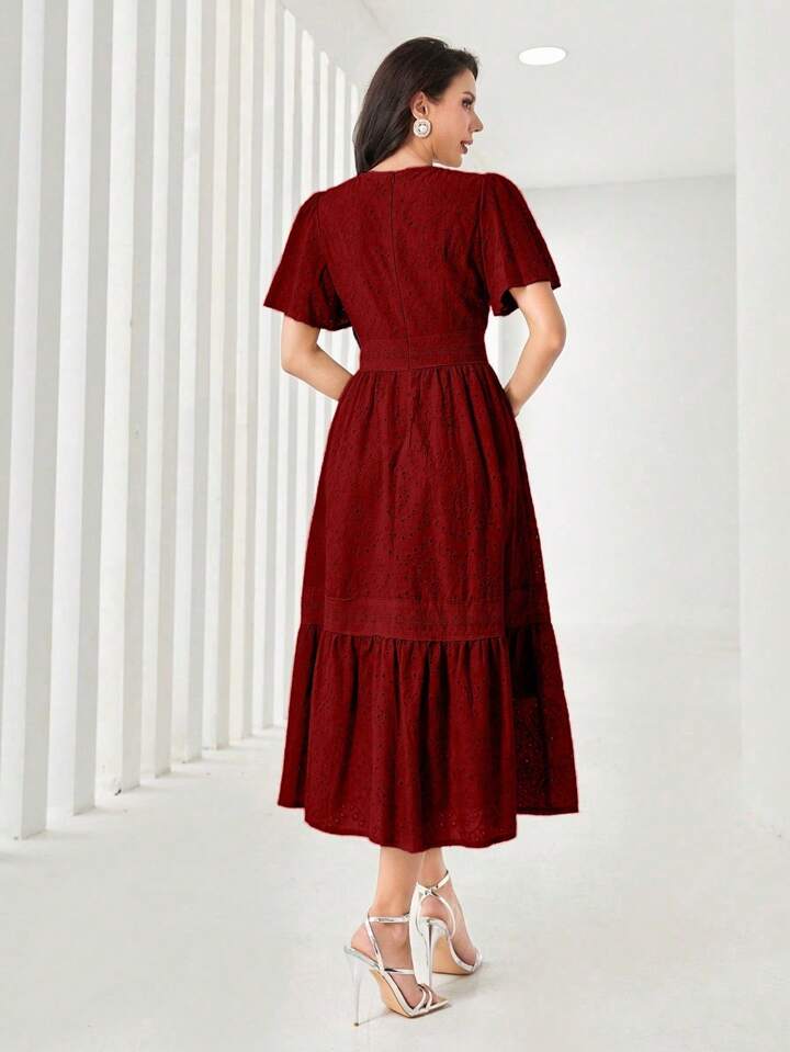 Women's Elegant Long Floral Embroidery Round Neck Ruffle Short Sleeve Dress