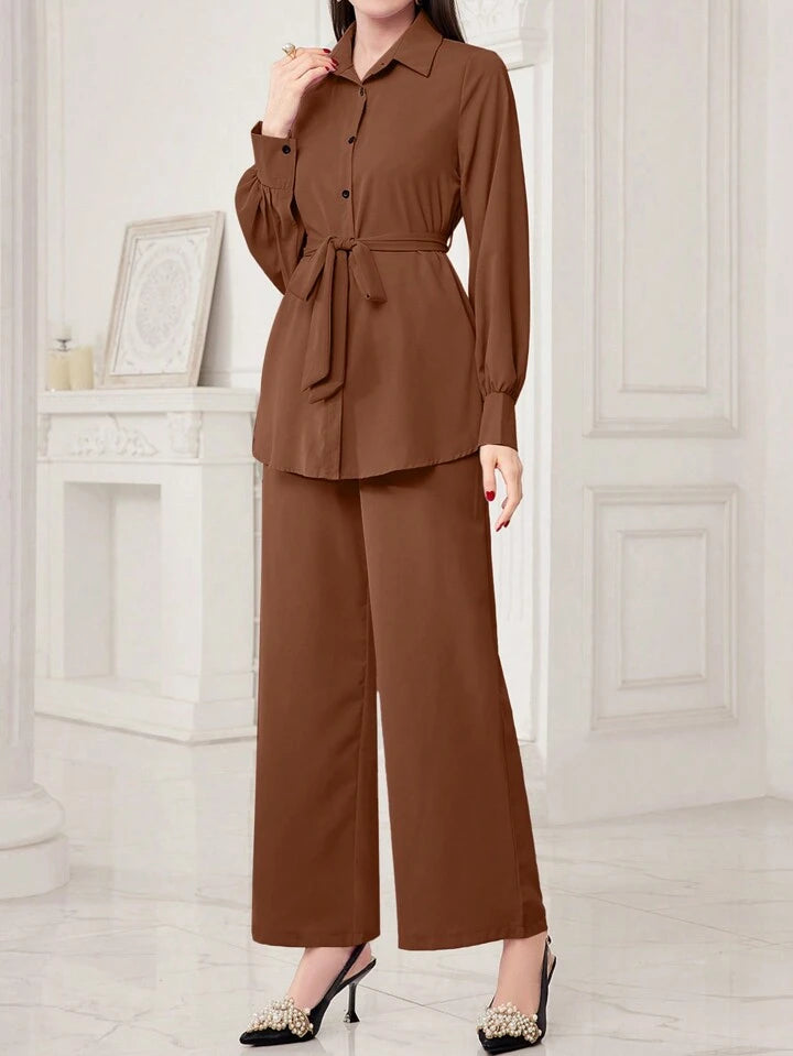 Women Solid Color Front Button Long Sleeve Casual Top And Pants Set
