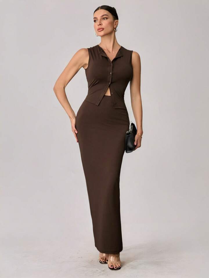 Women's Summer Casual Bottoming Sleeveless Long Skirt Slim Fit Suit and Elegant Top