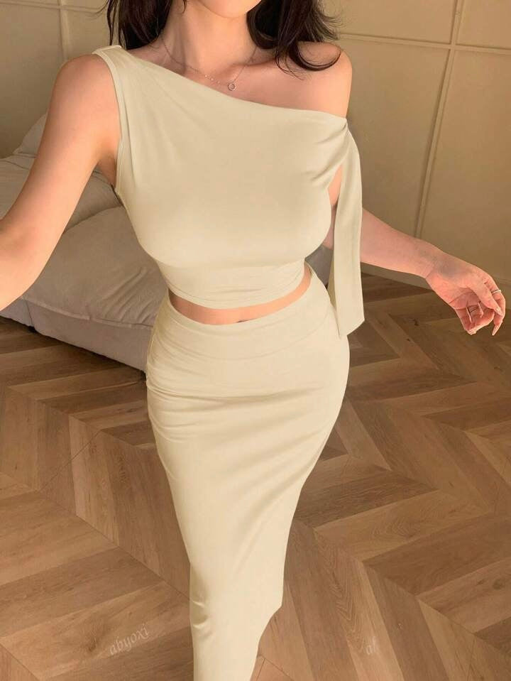 Asymmetric Neck Oblique Shoulder Tied Strap Simple Top & Slim Fit Skirt Two Pieces Set