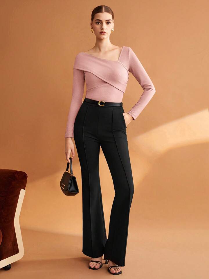 Women Solid Elastic Foldable Slim Asymmetric Collar Long Sleeve Casual Top