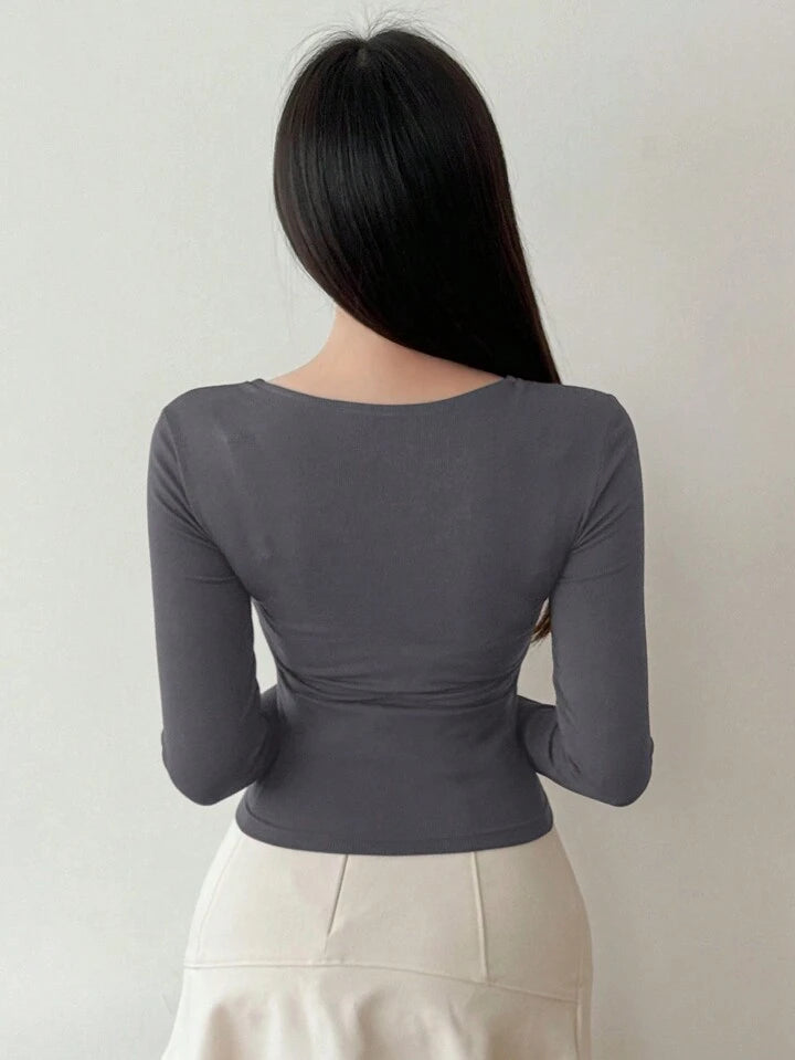Women's Solid Color Simple Daily Crossed Strap Long Sleeve T-Shirt
