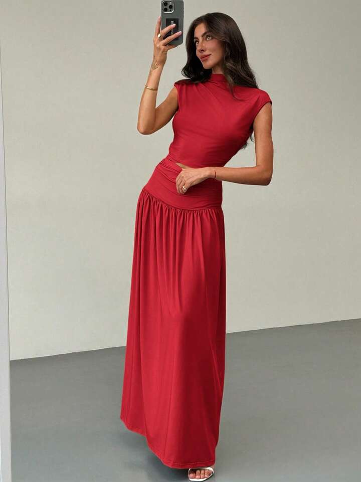 2PCS/SET STAND COLLAR RUCHED BLOUSE AND HIGH WAIST SKIRT SET
