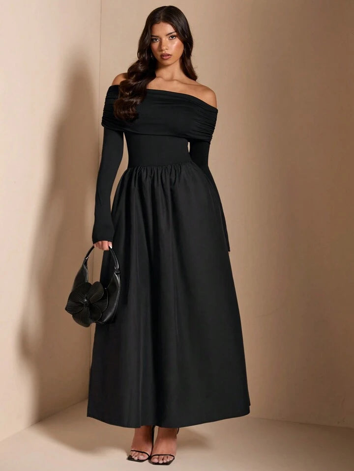 Solid Color Elegant Minimalist Sexy Shoulder Ruched Fitted Midi Dress