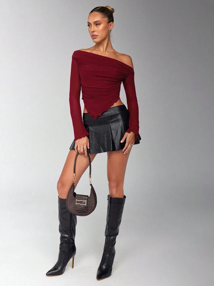 Women's Solid Brown Asymmetrical Ruched Asymmetrical Neck Hem jersey Long Sleeve Top
