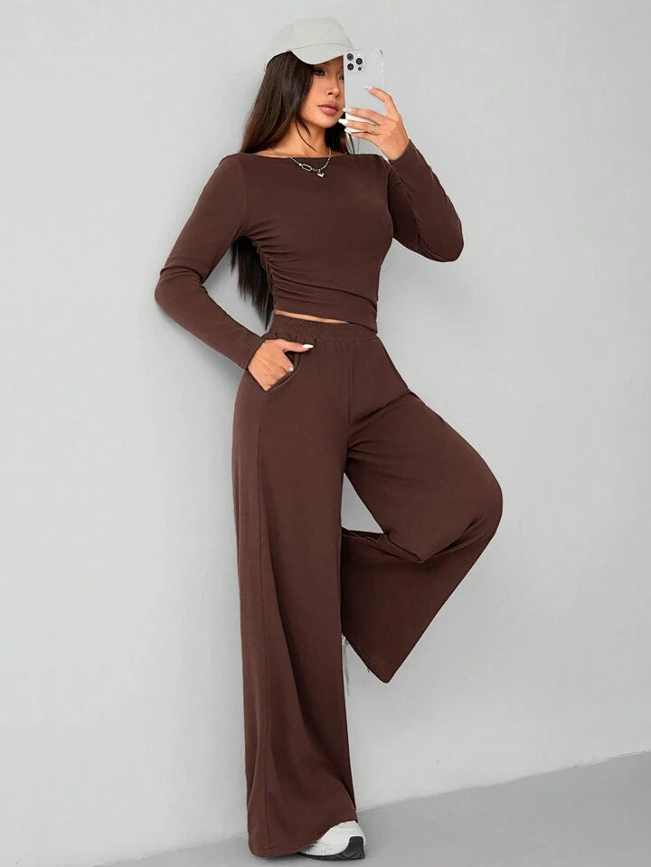 CASUAL 2PCS KNITTED SLIM TOP & WIDE LEG PANTS