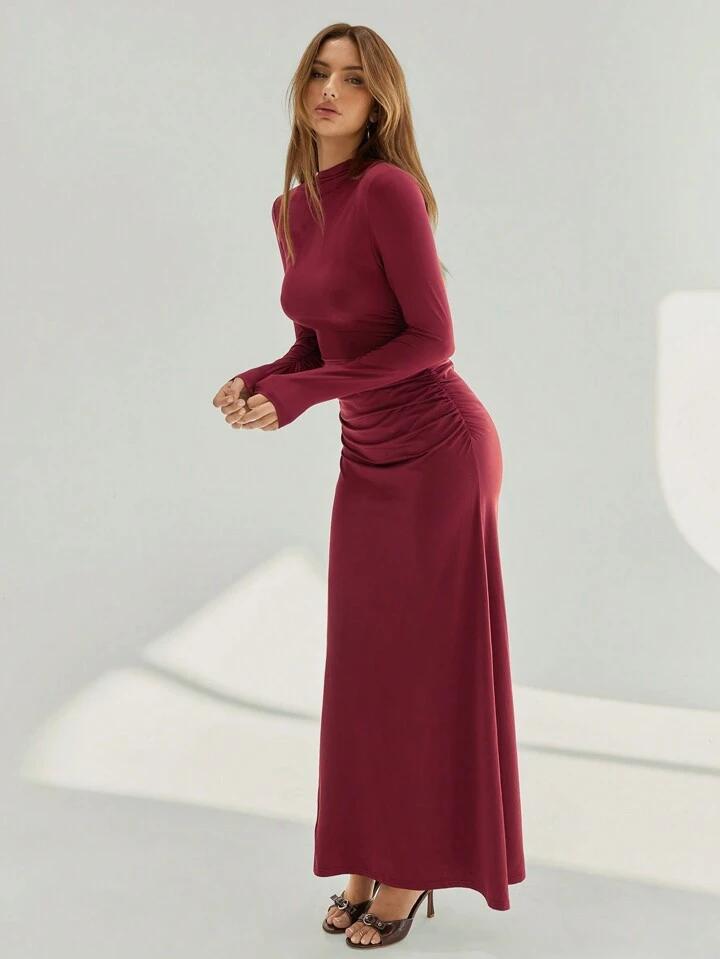 Women Assymetric Ruched long Sleeves A line tigh dress