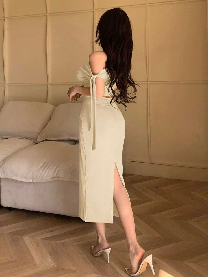 Asymmetric Neck Oblique Shoulder Tied Strap Simple Top & Slim Fit Skirt Two Pieces Set