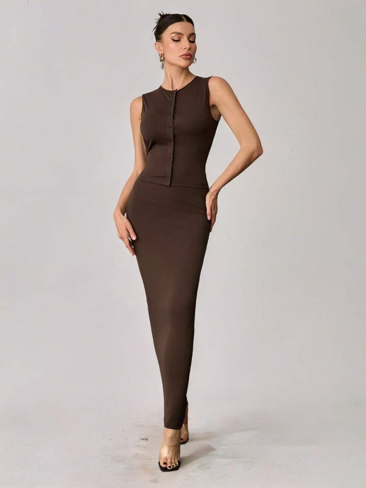 Women's Summer Casual Bottoming Sleeveless Long Skirt Slim Fit Suit and Elegant Top