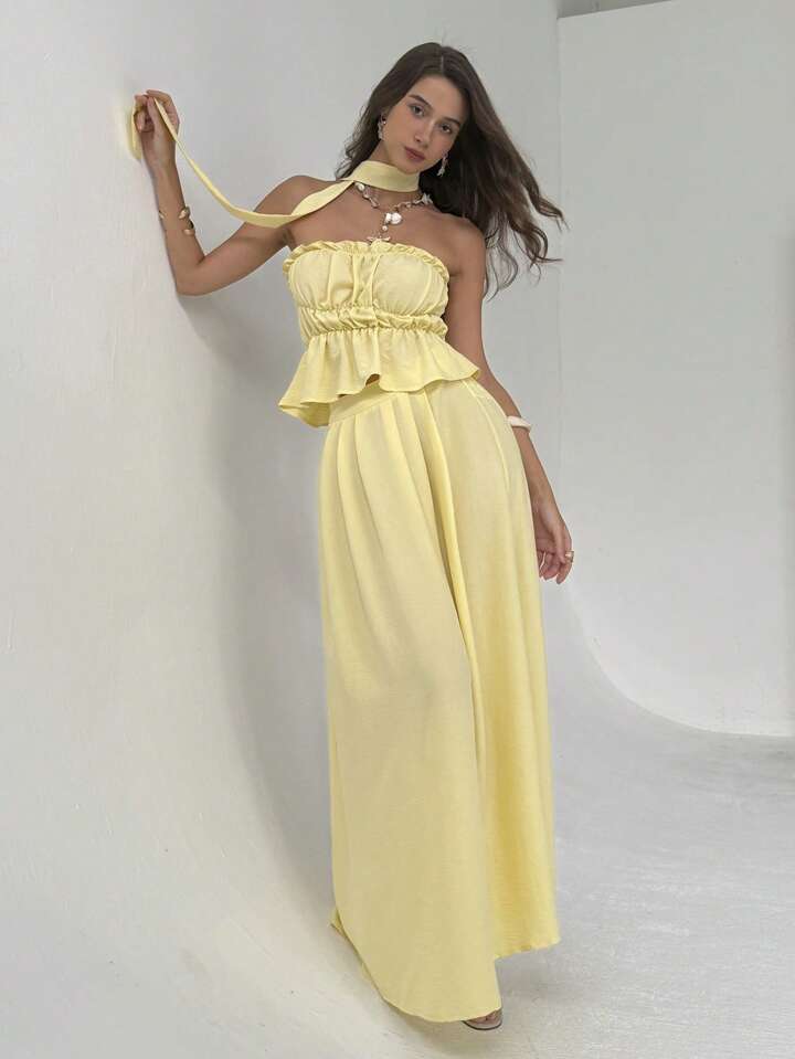 Women Summer Simple Solid Color Pleated Chest Ruffles Hem Tube Top And Long Skirt Set With Scarf