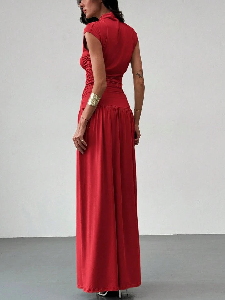 2PCS/SET STAND COLLAR RUCHED BLOUSE AND HIGH WAIST SKIRT SET
