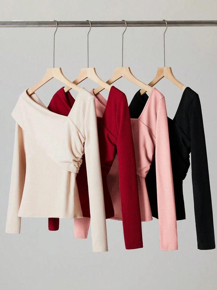 Women Solid Elastic Foldable Slim Asymmetric Collar Long Sleeve Casual Top