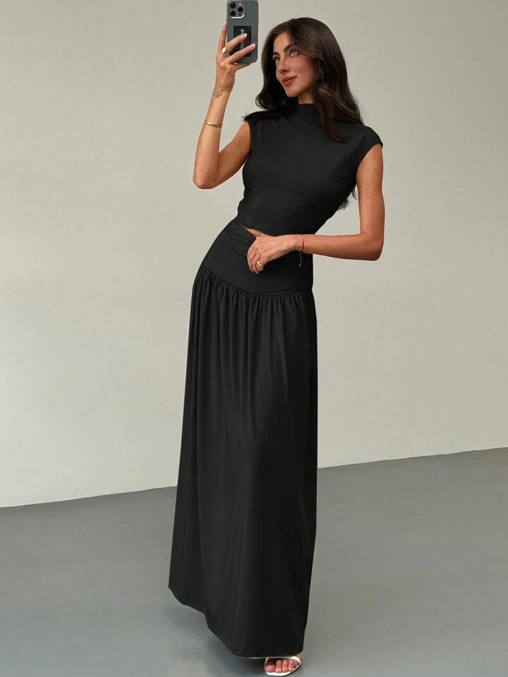 2PCS/SET STAND COLLAR RUCHED BLOUSE AND HIGH WAIST SKIRT SET