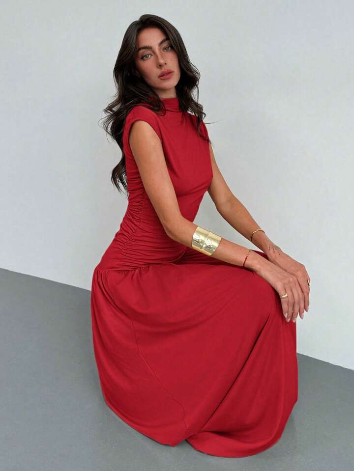 2PCS/SET STAND COLLAR RUCHED BLOUSE AND HIGH WAIST SKIRT SET