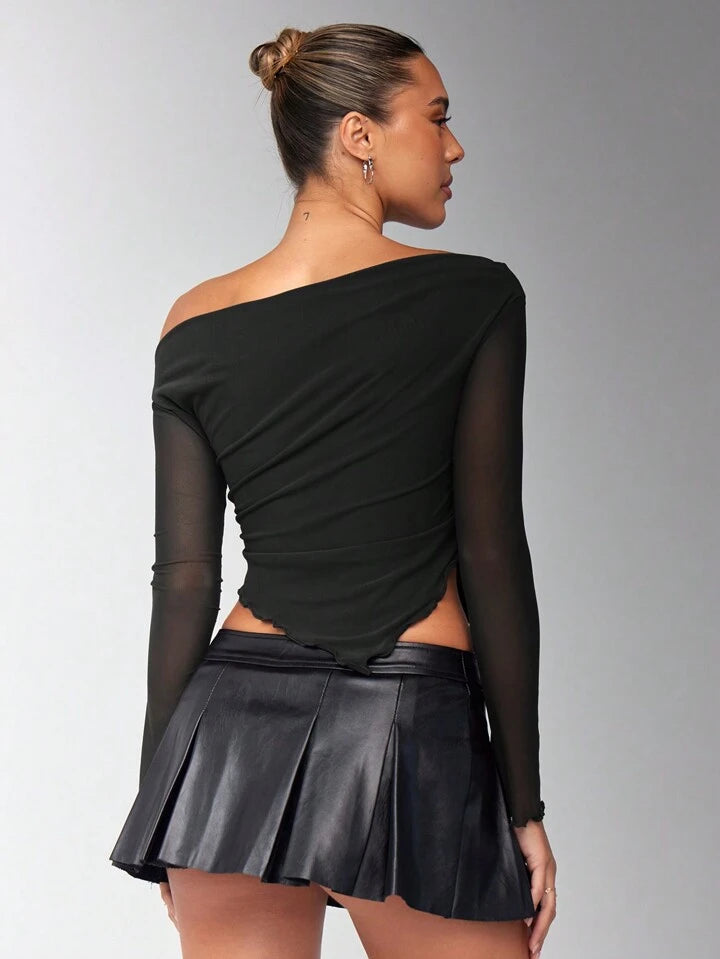 Women's Solid Brown Asymmetrical Ruched Asymmetrical Neck Hem jersey Long Sleeve Top