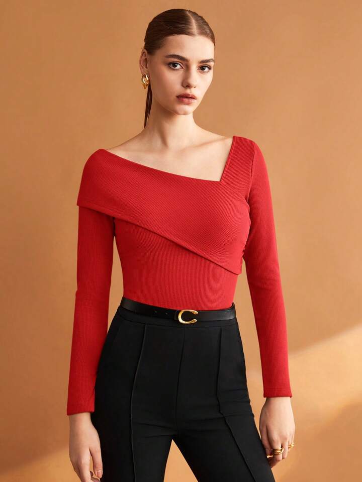 Women Solid Elastic Foldable Slim Asymmetric Collar Long Sleeve Casual Top