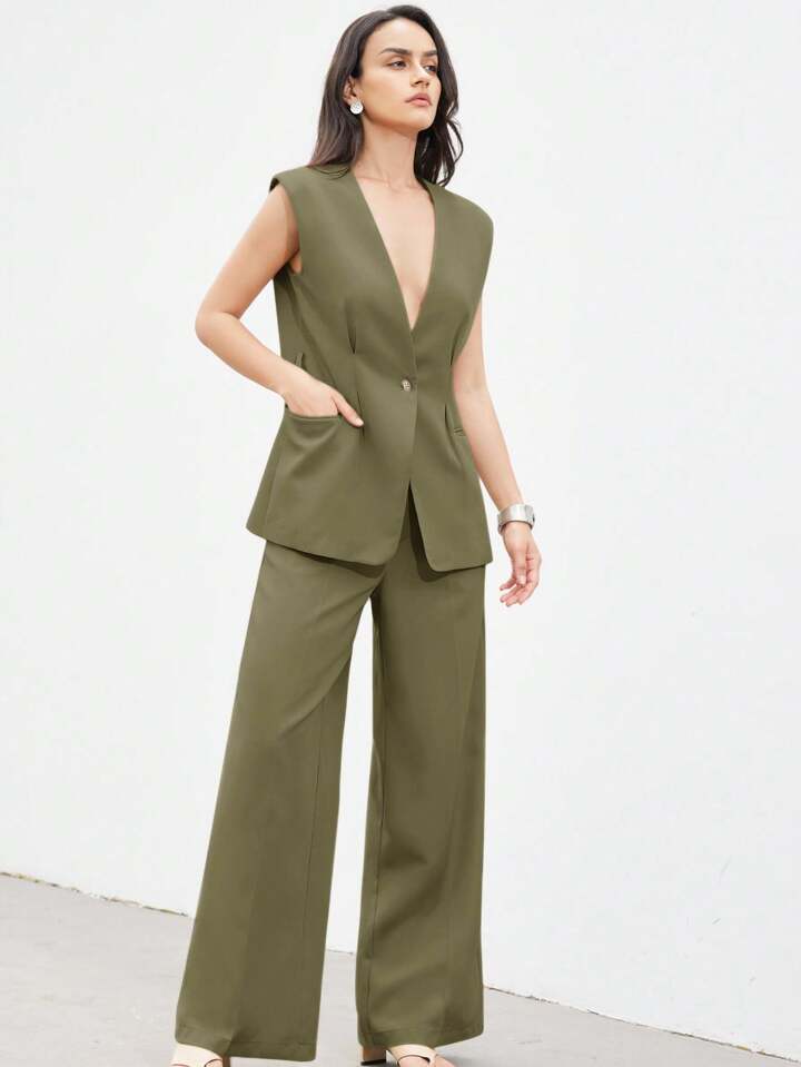 Minimalist office wear v-neck cinched waist west two piece set