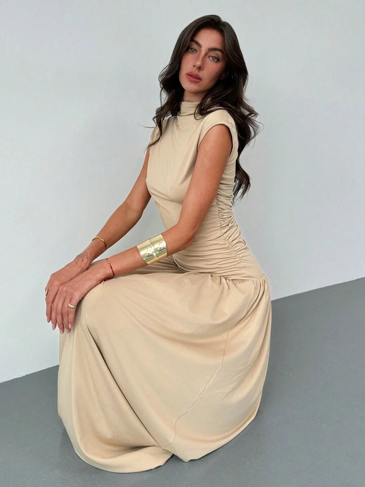 2PCS/SET STAND COLLAR RUCHED BLOUSE AND HIGH WAIST SKIRT SET