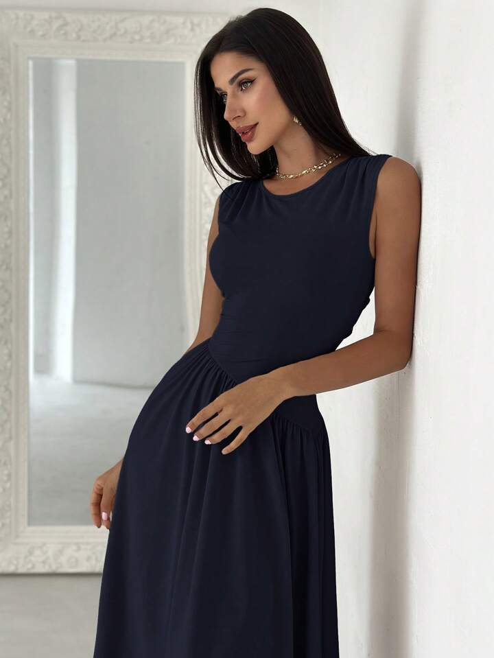 Elegant Asymmetrical Patchwork Ruched Back Tie Waist Dress