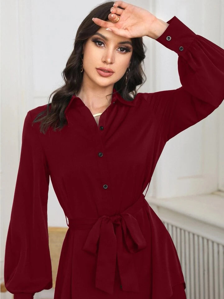 Women Solid Color Front Button Long Sleeve Casual Top And Pants Set