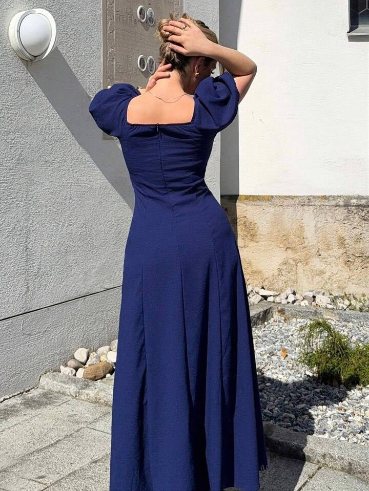 Solid Square Neck Bishop Sleeve Dress, Elegant