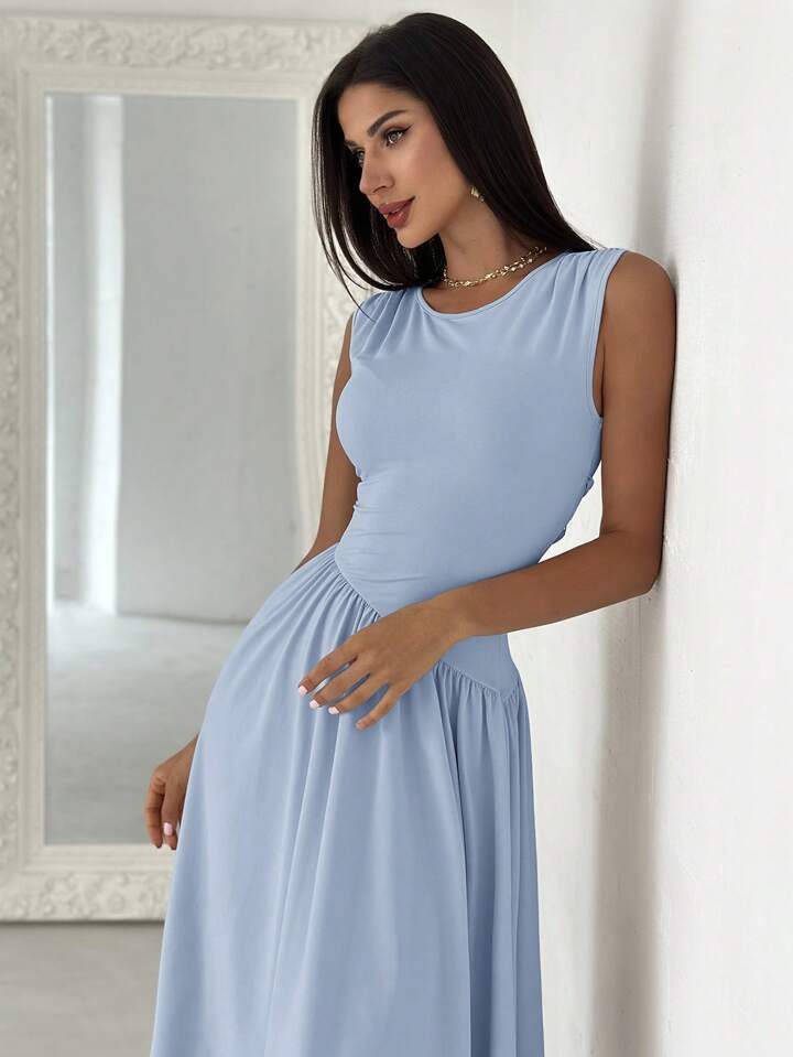 Elegant Asymmetrical Patchwork Ruched Back Tie Waist Dress