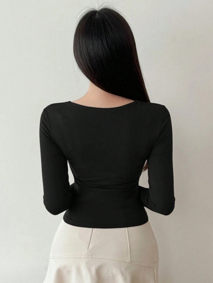 Women's Solid Color Simple Daily Crossed Strap Long Sleeve T-Shirt