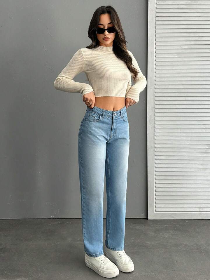 Women's Front Button Pocket Simple Denim Jeans, Casual Everyday Wear