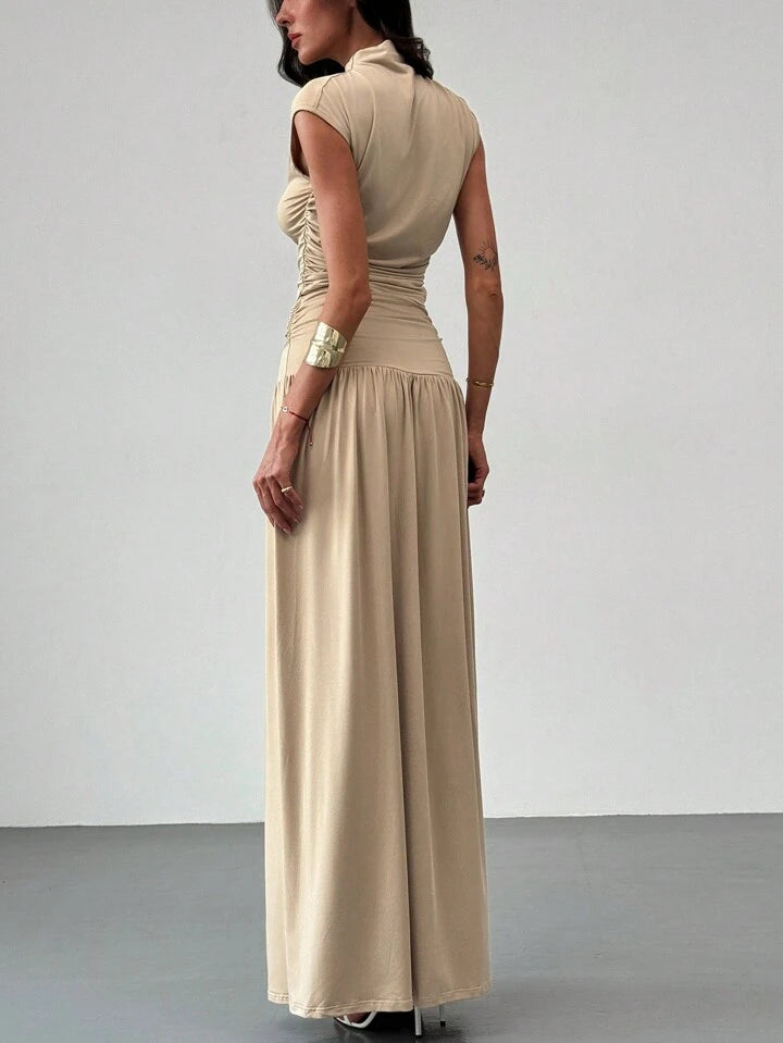 2PCS/SET STAND COLLAR RUCHED BLOUSE AND HIGH WAIST SKIRT SET