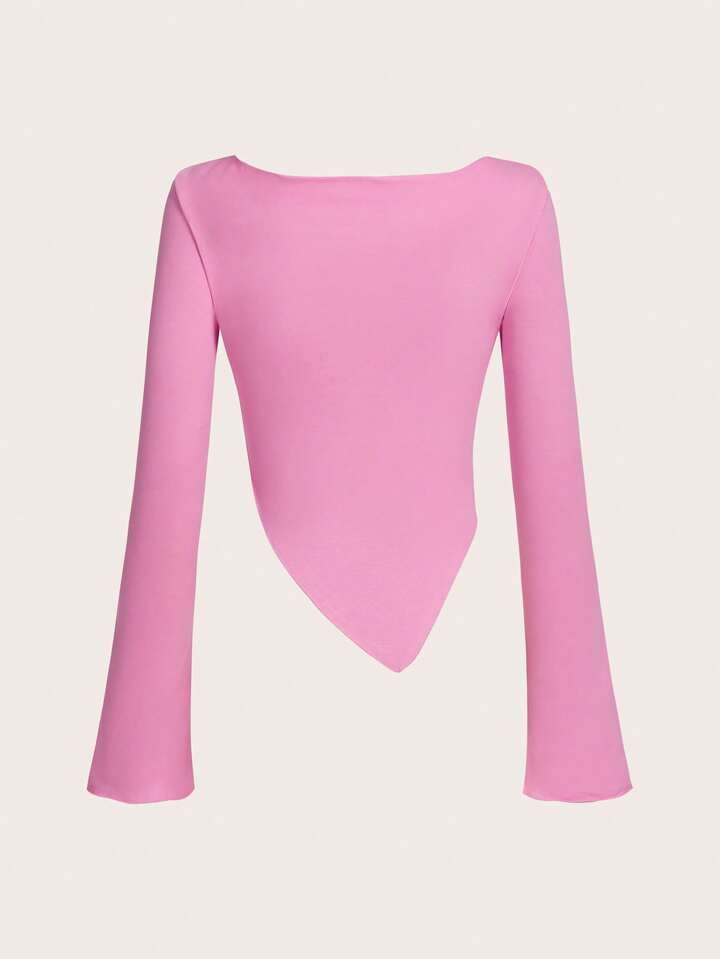 Women's Solid Brown Asymmetrical Ruched Asymmetrical Neck Hem jersey Long Sleeve Top