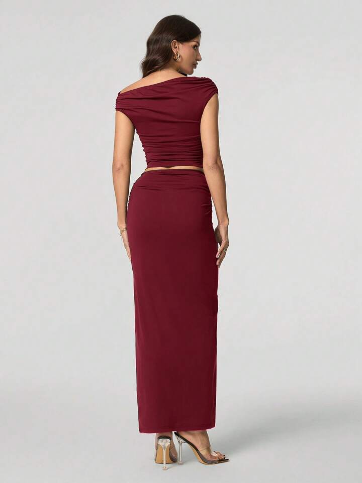 Women Oblique Shoulder Short Sleeve Top And Skirt Set