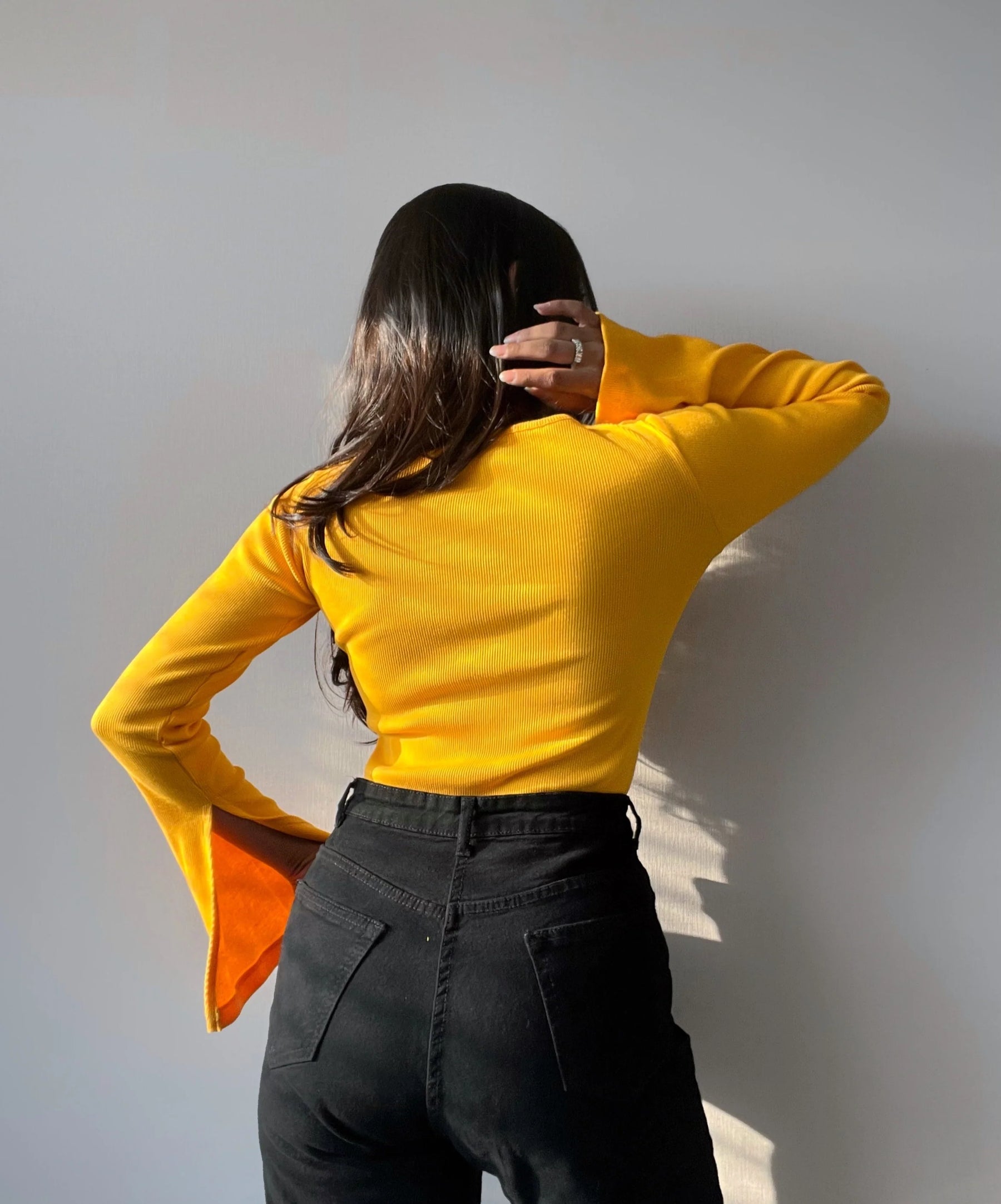 HEART CUT OUT LETTUCE TRIM MOCK NECK TRUMPET SLEEVE TEE