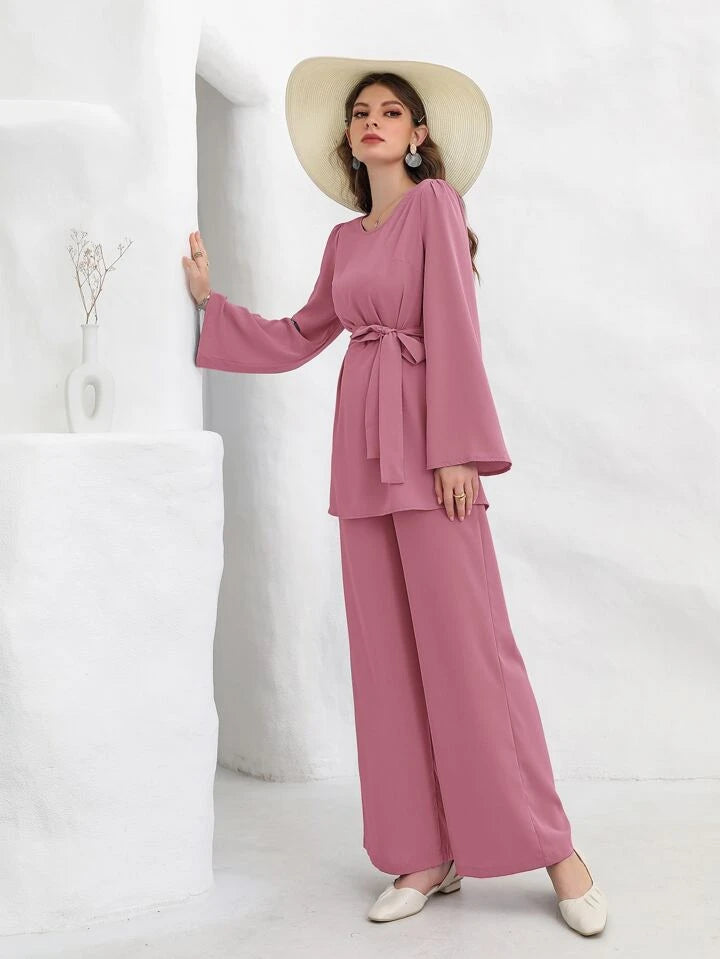 Bell Sleeve Belted Blouse With Wide Leg Pants