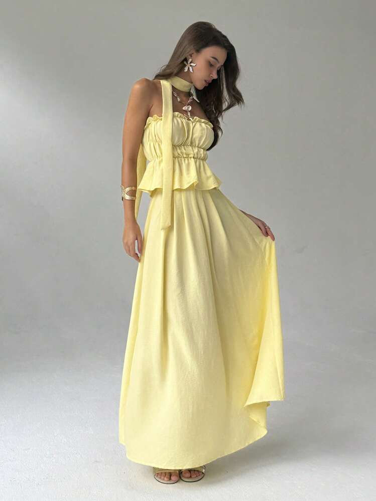 Women Summer Simple Solid Color Pleated Chest Ruffles Hem Tube Top And Long Skirt Set With Scarf