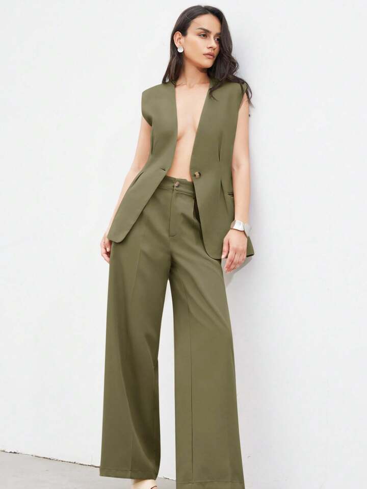 Minimalist office wear v-neck cinched waist west two piece set