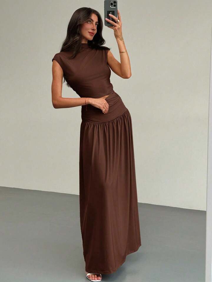 2PCS/SET STAND COLLAR RUCHED BLOUSE AND HIGH WAIST SKIRT SET