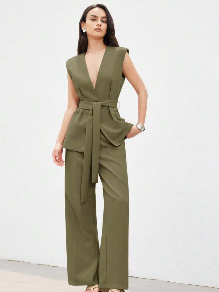 Minimalist office wear v-neck cinched waist west two piece set